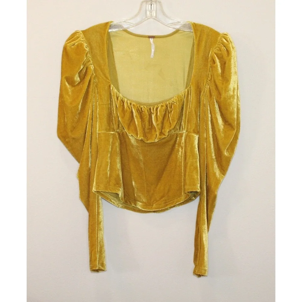 Free People velvet corset top Med mustard yellow puff sleeve square neck stretch